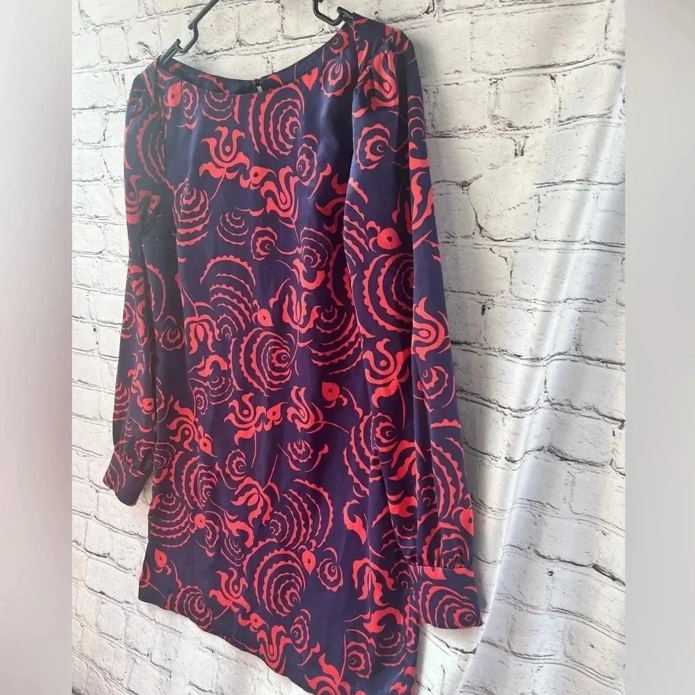 Rachel Roy Navy Blue Red Design Long Sleeve Mini Dress Sabrina Neck Size Medium - Picture 2 of 12